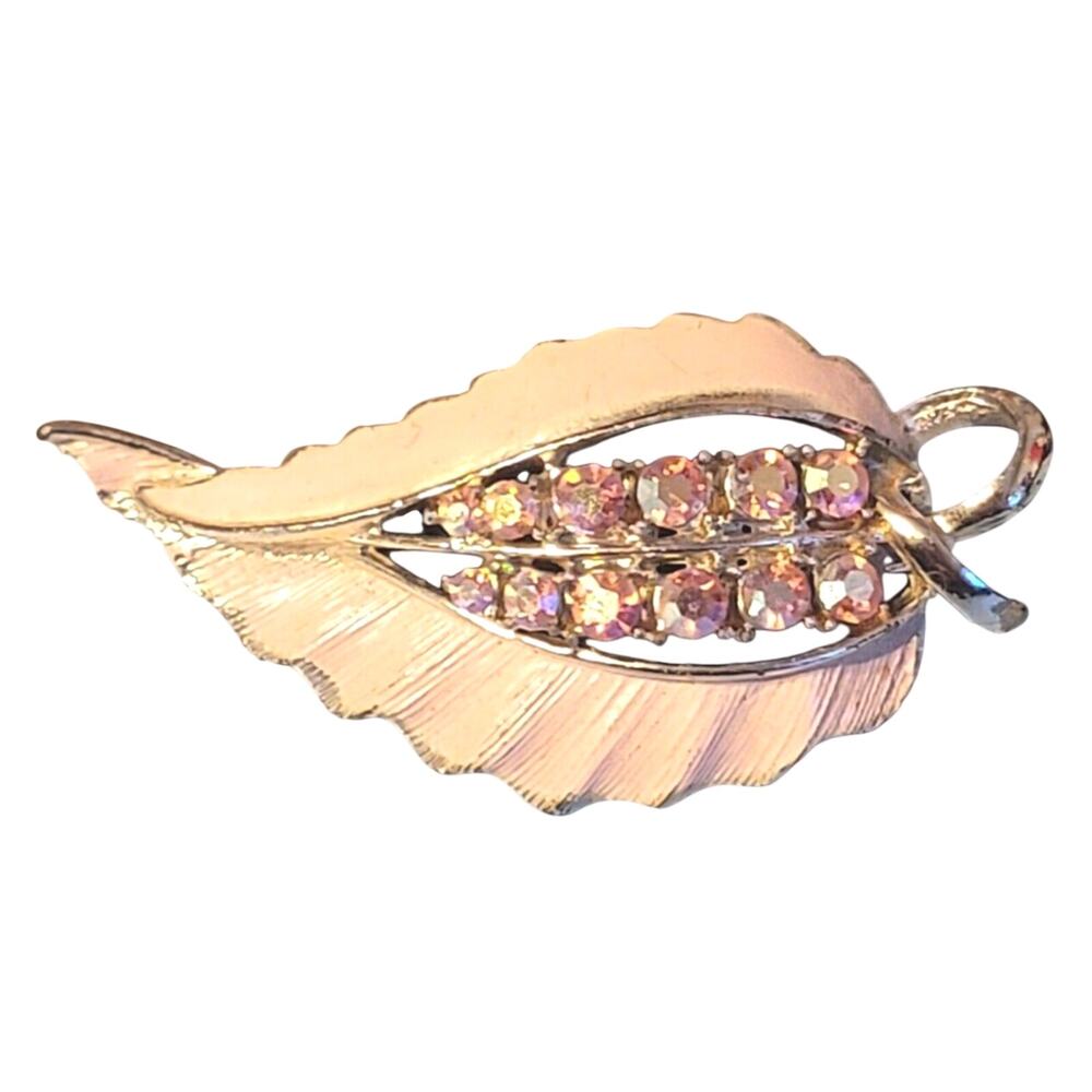 Pink Enamel Rhinestone Leaf Brooch Pin- Vintage‎ Mid-century- Figural sf-18